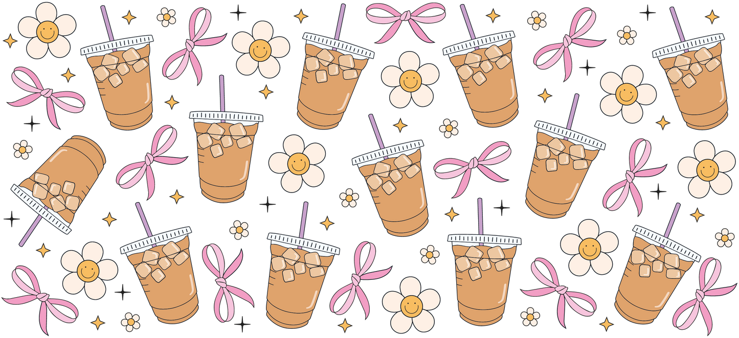 Cute Iced Coffee Cups with Flowers and Bows Pattern SVG PNG