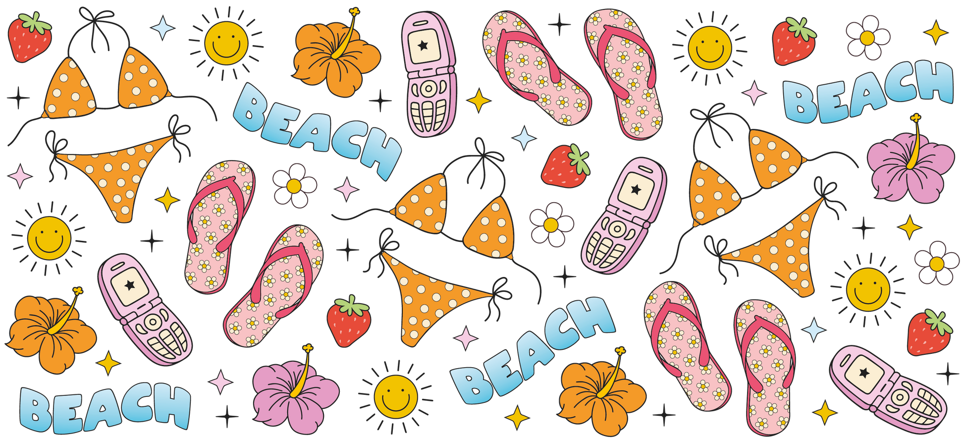Vibrant Beach Vibes with Polka Dot Bikinis and Retro Flip Flops SVG PNG